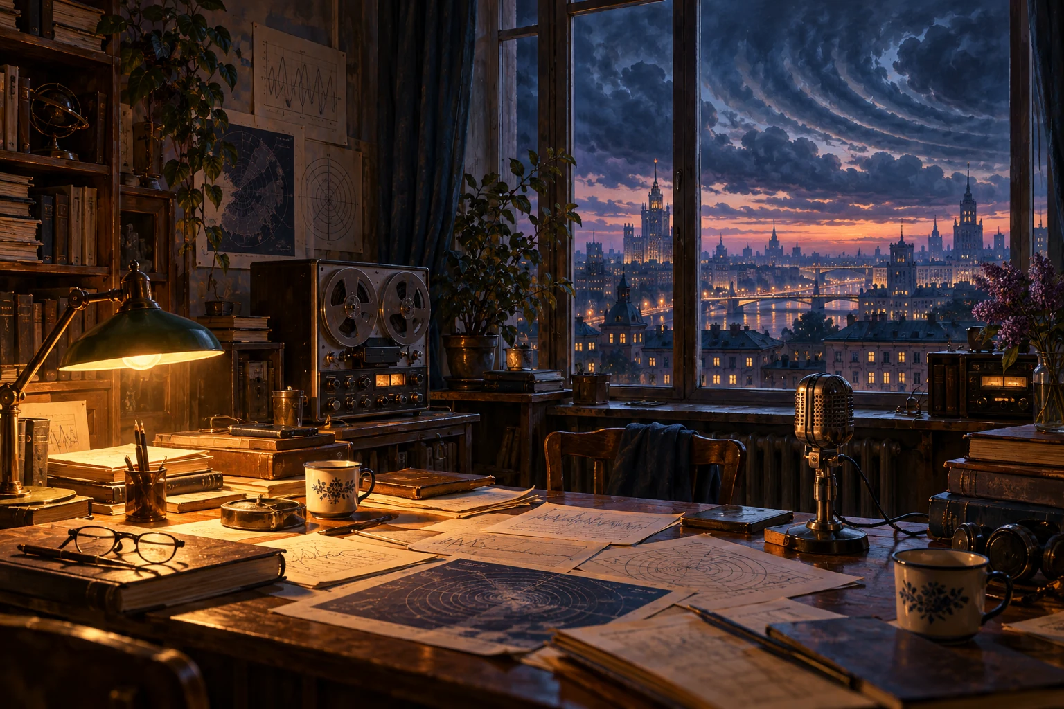 Atmospheric illustration of a warmly lit research room, radio microphone and papers, overlooking a city under swirling storm clouds