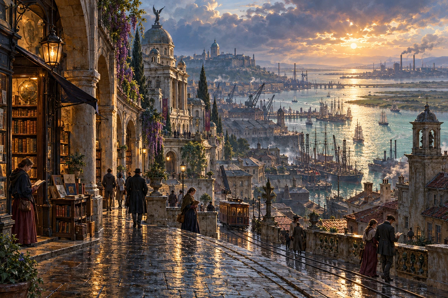 Atmospheric illustration of a lively nineteenth-century-style port city: bookshop, readers, wet stone streets, ships and warm light over the water